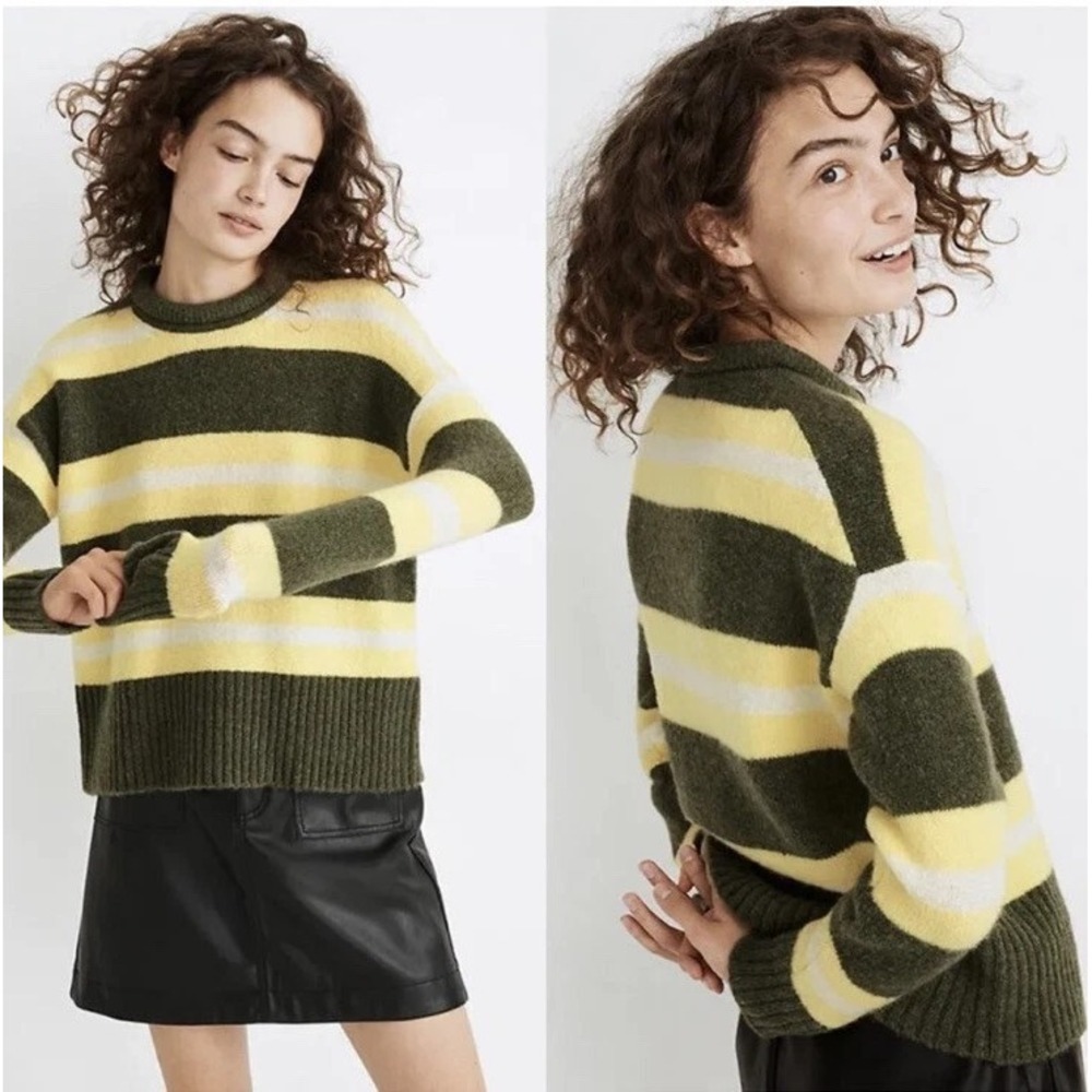 MADEWELL XS Striped Fulton Sweater Wool Alpaca Green Yellow White Pullover‎